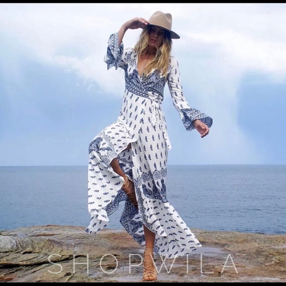 Boho Print Maxi Dress Blue/White Wrap Tie Waist - Picture 3 of 3